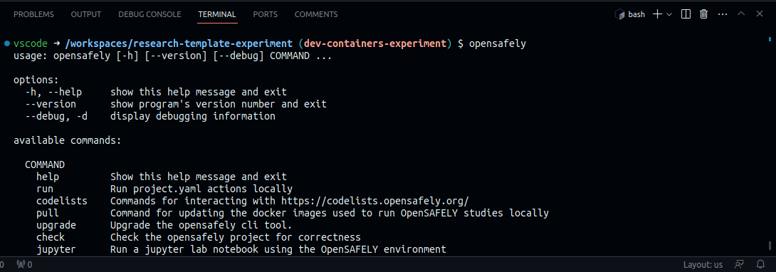 A screenshot showing the OpenSAFELY CLI help prompt in a GitHub codespace.