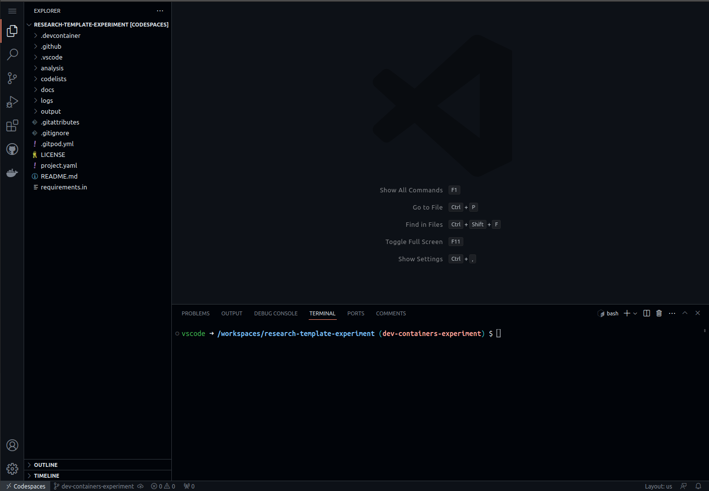 A screenshot showing the Visual Studio Code editor in Codespaces.