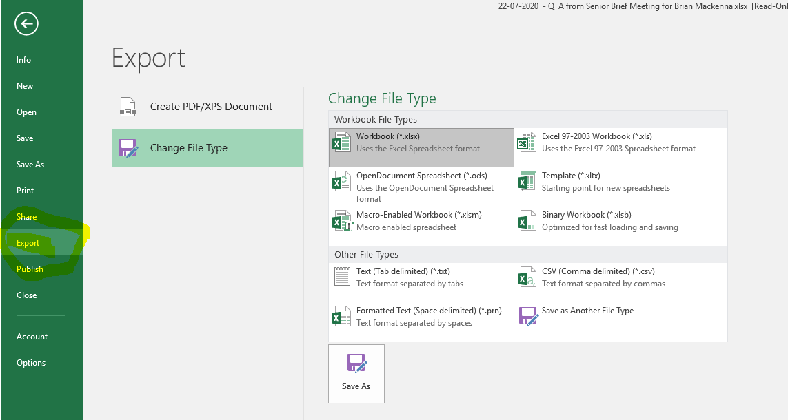 Exporting a CSV from a spreadsheet in Microsoft Excel.